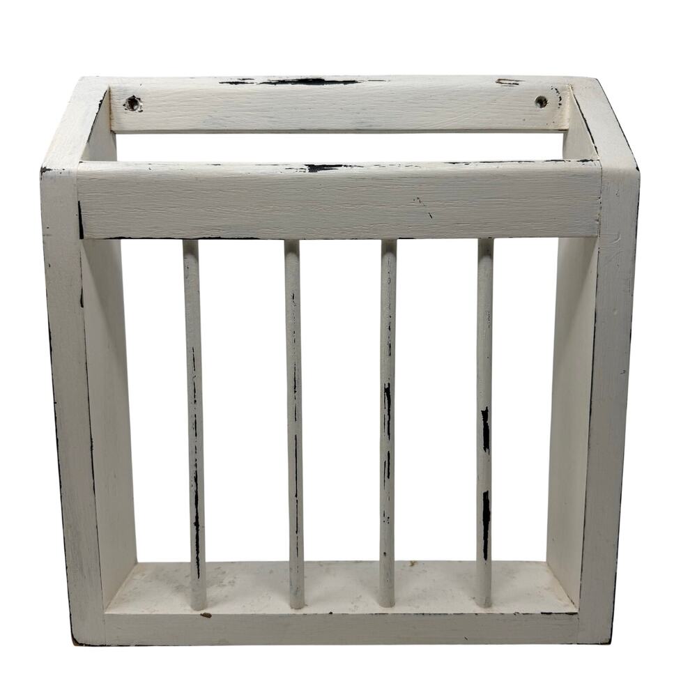 White Wood Slatted Wall Shelf Hanging Magazine Holder Rustic Farmhouse 13x12.5x3